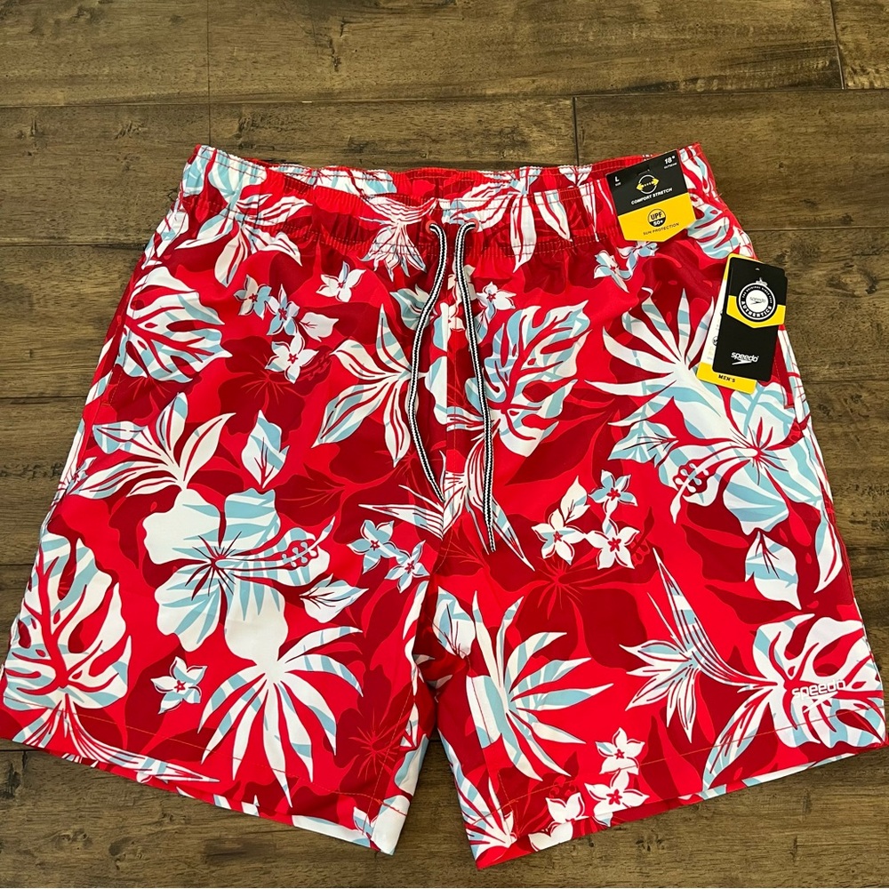 NWT Red Flower Comfort Stretch Speedo Swim Trunks